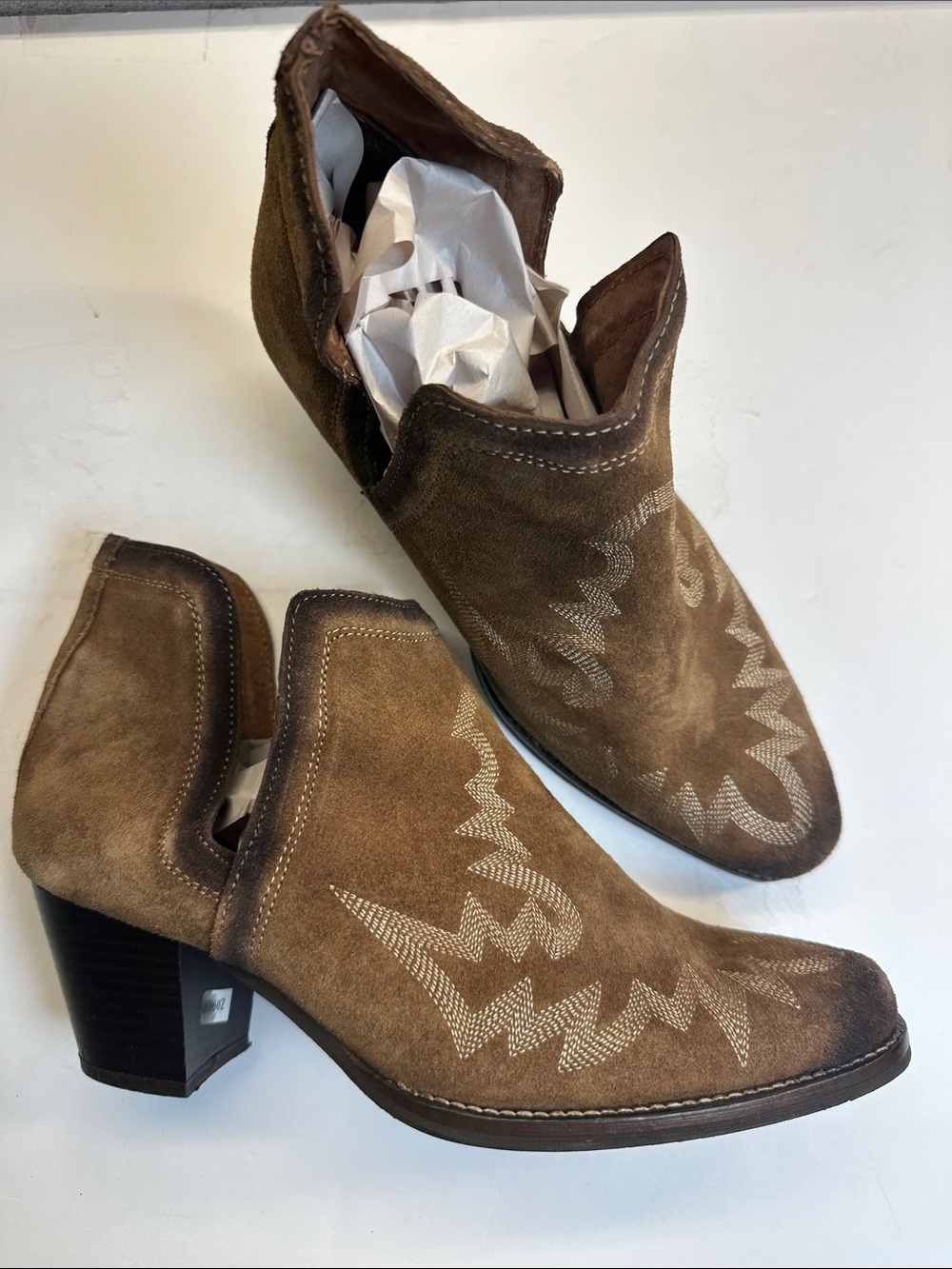 Roper Rowdy Brown Suede Western Flame Stitch Ankle Boots, Open Sides, Snip Toe